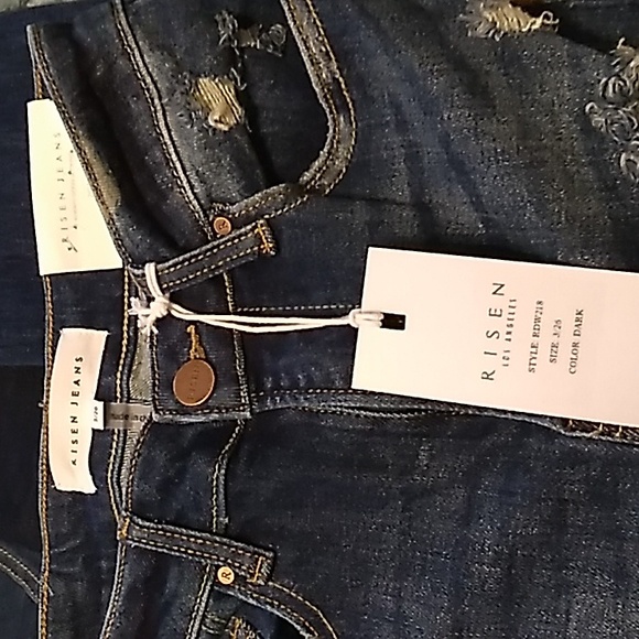 Risen Sexy Back Dark Wash Distressed Shadow Hem Straight Leg Jeans - Picture 8 of 9